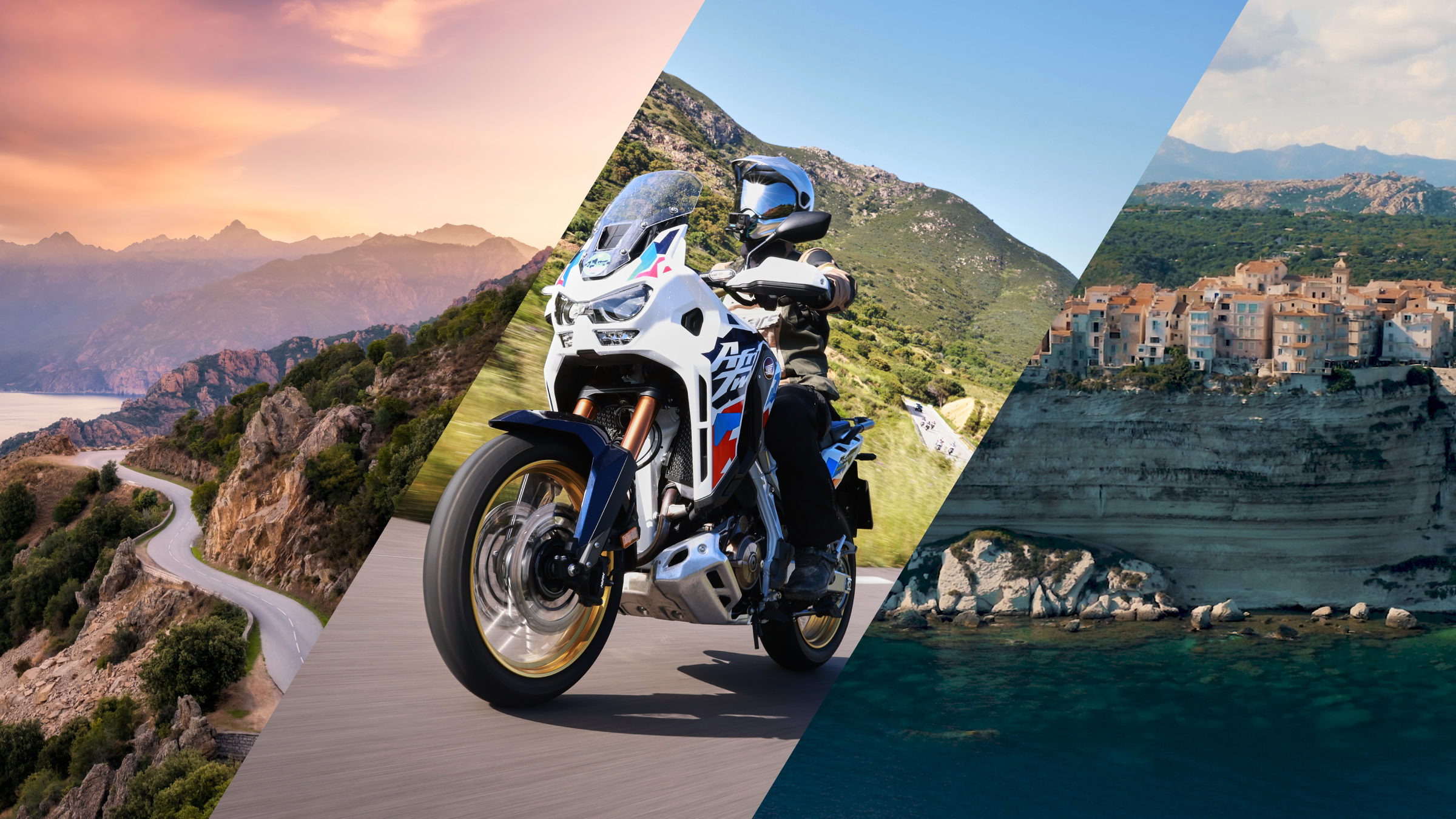 Un'immagine divisa che mostra una strada costiera panoramica, una moto Honda Africa Twin su una strada di montagna e un villaggio costiero sullo sfondo.